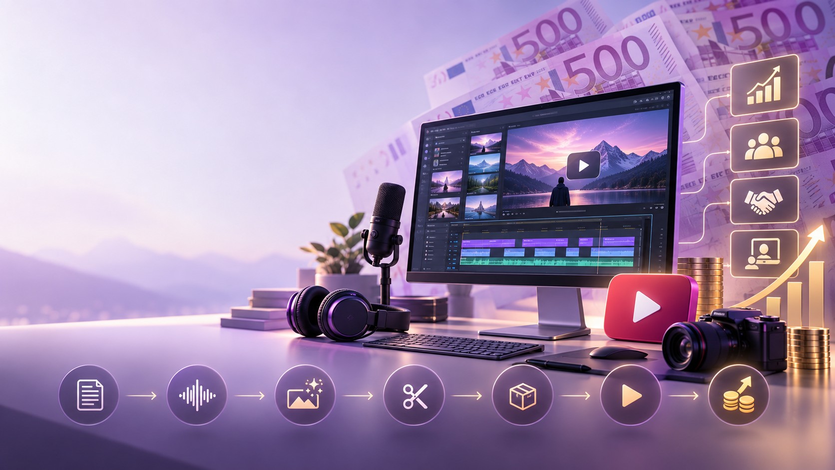 Une chronologie de montage vidéo sur ordinateur portable découpant une vidéo générée par IA à côté d'un graphique de revenus YouTube, des étiquettes de revenus publicitaires, d'affiliation, de partenariat et de travail client, et des billets de banque britanniques.